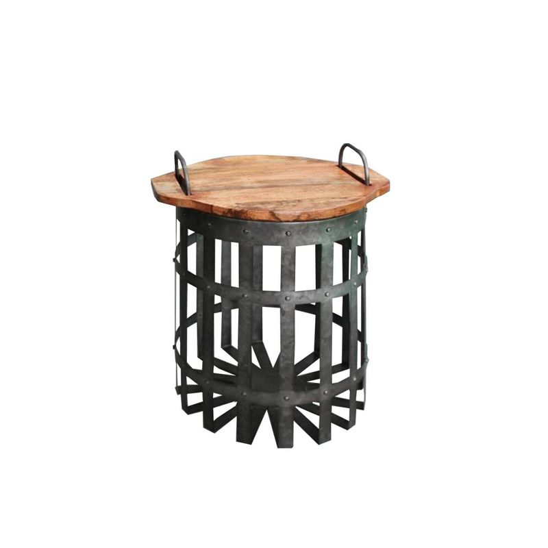 Benzara Set of 2 Industrial Grid Galvanized Accent End Table with Round Lid and Handles Accent Tables Gray/Brown