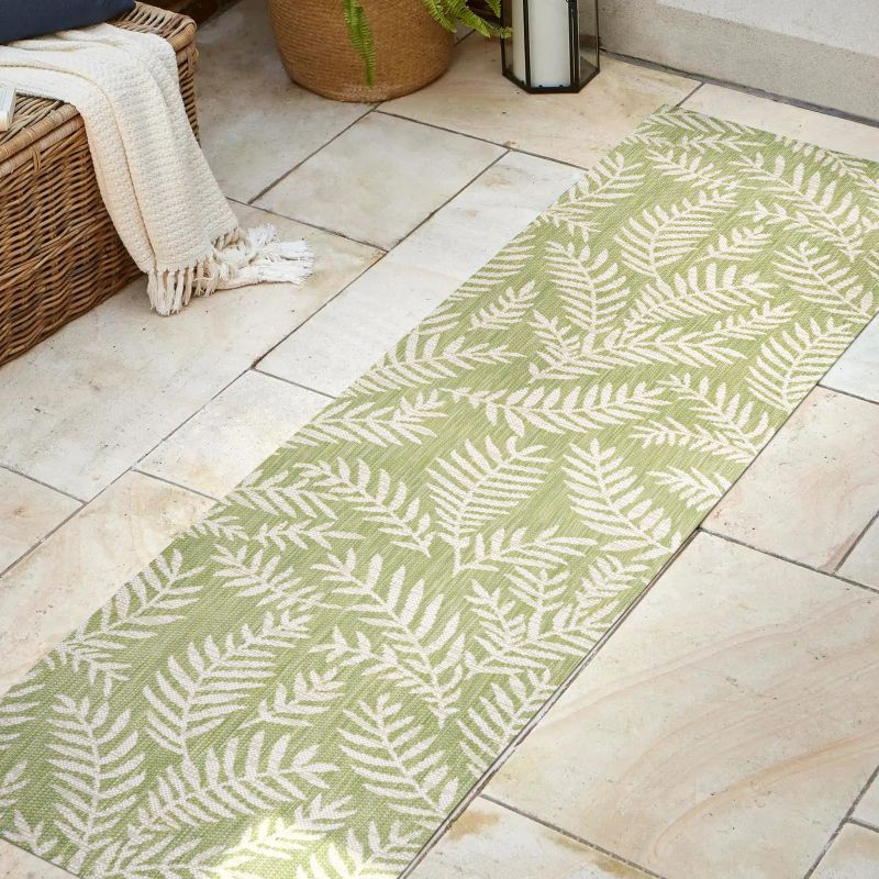 2' x 10' Nevis Palm Frond Indoor/Outdoor Runner Rug, Green/Cream - JONATHAN Y