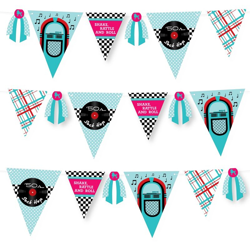 Big Dot of Happiness 50's Sock Hop - DIY 1950s Rock N Roll Party Pennant Garland Decoration - Triangle Banner - 30 Pieces