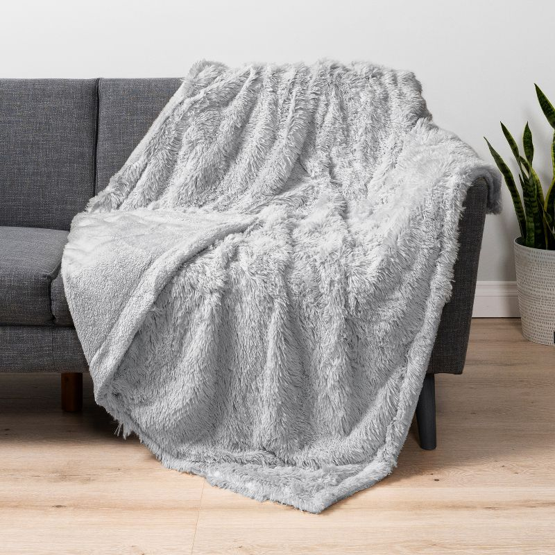 PAVILIA Fluffy Faux Fur Reversible Throw Blanket for Bed, Sofa, and Couch, Light Gray/Throw - 50x60