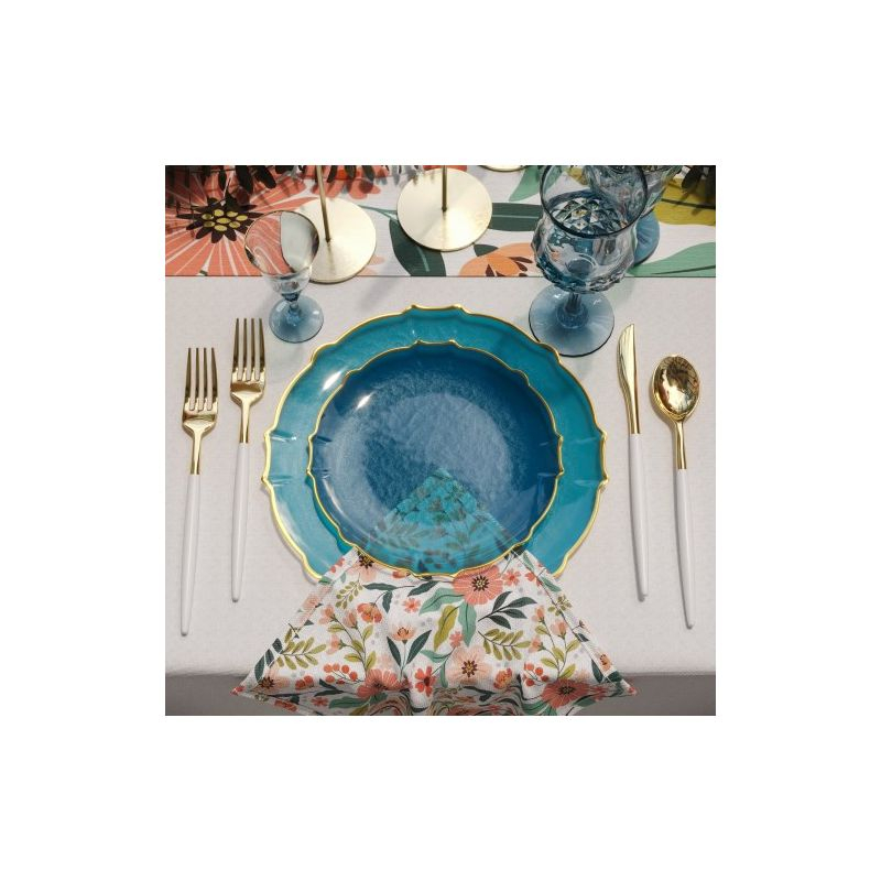 Trendables 40 Pieces Plastic Disposable Wedding Plates Set - 20 x 7.5" & 20 x 10" Thin & Delicate Peacock Tinted Petals Plates with Gold Rim-Serves 40