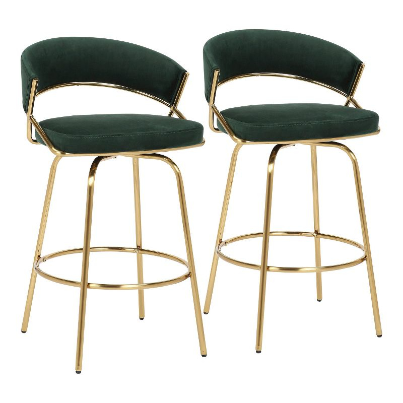 Set of 2 Jie Counter Height Barstools Gold/Green: Velvet Upholstery, Swivel, Steel Legs - LumiSource
