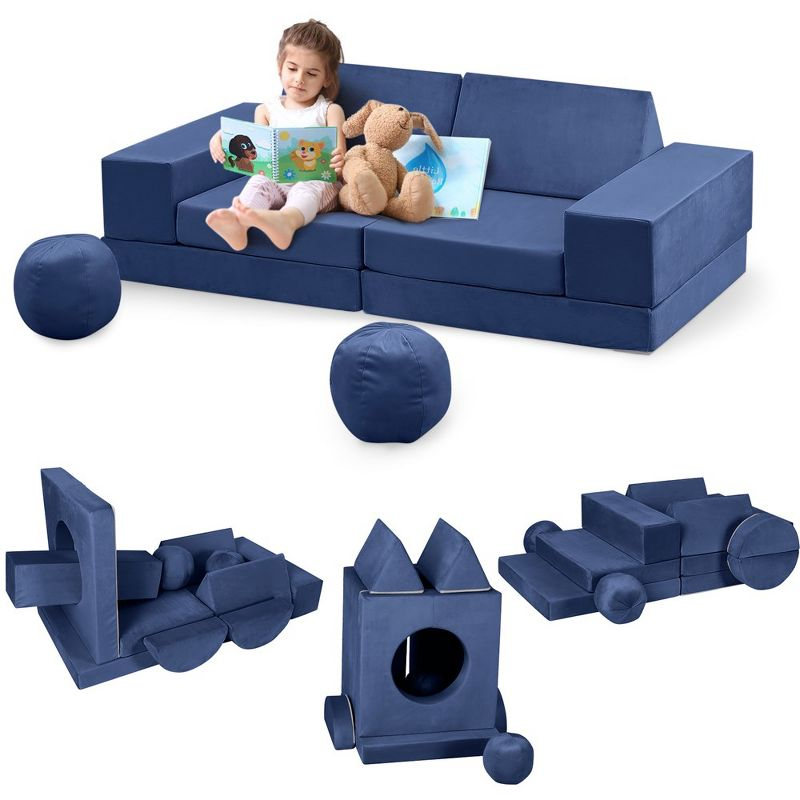 Kids Couch 12PCS Fold Out Toddler Couch with 2 balls, Modular Kids Couch for Playroom Creative Game Play Couch, Free DIY, Navy Blue