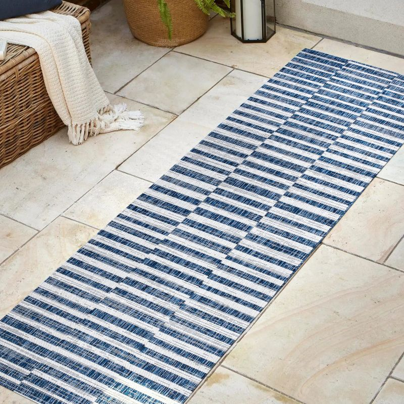 2'x8' Sukie Modern Offset Stripe Indoor/Outdoor Runner Rug, Blue/Ivory - JONATHAN Y