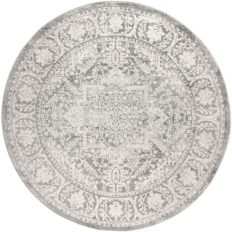 5' round Modern Persian Vintage Medallion Area Rug, Light Grey - JONATHAN Y
