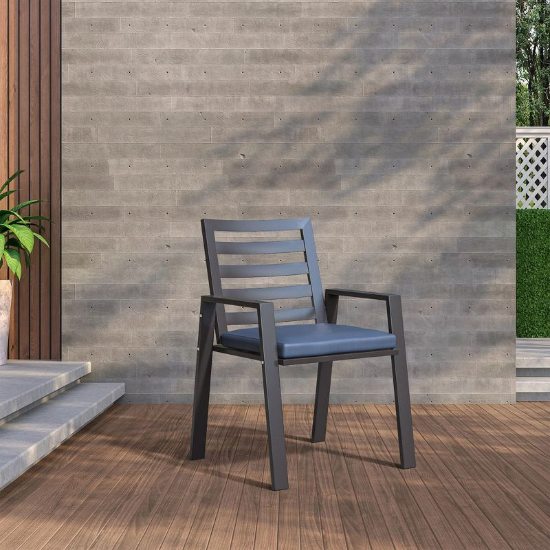 LeisureMod Chelsea Modern Patio Dining Armchair in Aluminum with Removable Cushions Set of 2 in Charcoal Blue