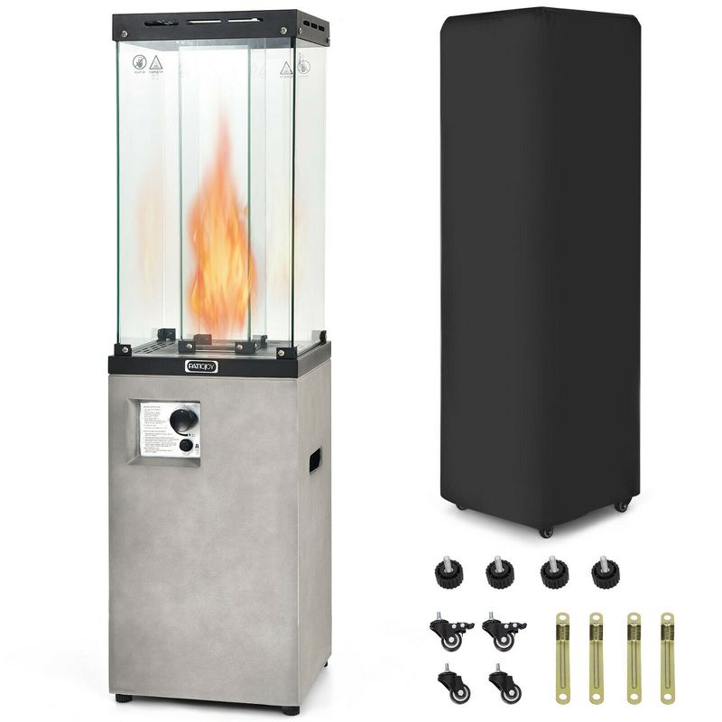 Costway 41,000 BTU Propane Patio Heater Glass Tube Standing Gas Heater w/ Cover Wheels Grey