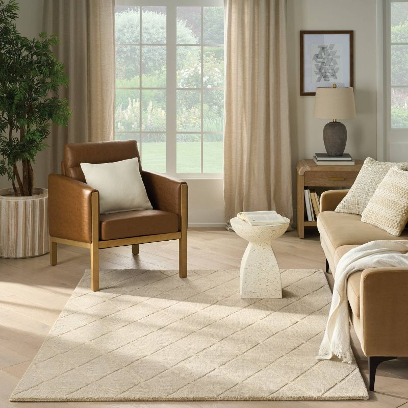 Nourison 5'3"x7'3" Wool Haven Modern Handwoven Area Rug Beige: Geometric Diamond Pattern, Medium Pile, Hand-Carved