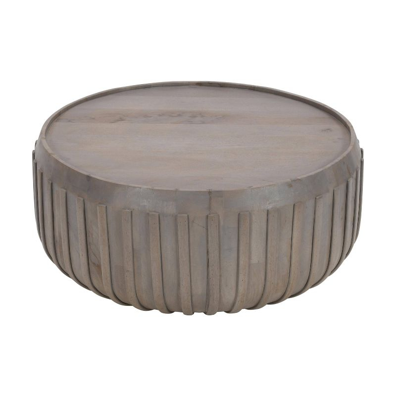 The Urban Port 36" Coffee Table Handcrafted Drum Shape with Ribbed Edges Gray Mango Wood Gray