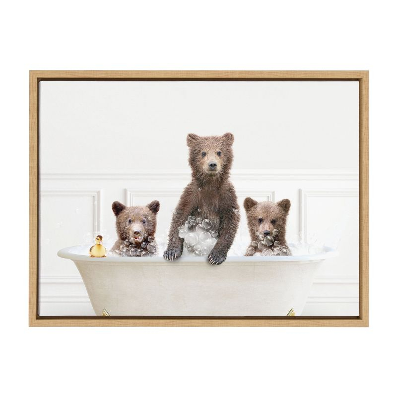 Kate and Laurel Sylvie Three bears In Bubble Bath Neutral Style Framed Canvas by Amy Peterson Art Studio, 18x24, Natural