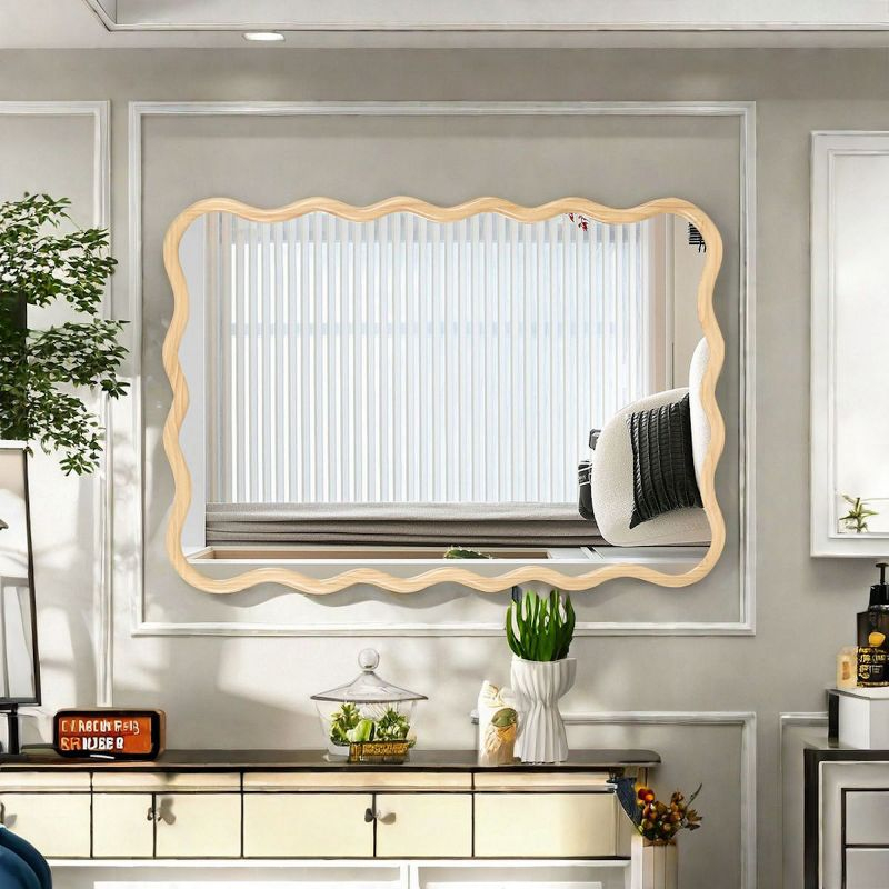 39"Hx28"W Wooden Wavy Mirror Art Decorative Mirrors,Natural Rectangle Mirror,Bedroom Wall Mirror,Sitting Room Mirrors,Entrance Way Mirror-The Pop Home