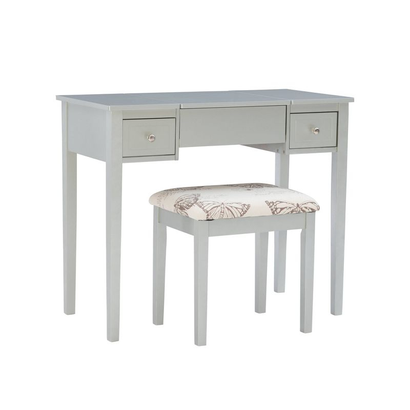 Traditional Wood Flip Up Mirror Drop Drawer Butterfly Vanity and Stool Silver - Linon