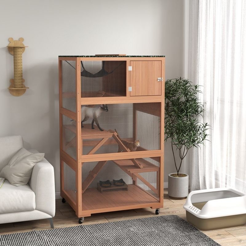 PawHut Catio, Outdoor Cat Enclosure House, Wooden Feral Cat Shelter on Wheels with Hammock, Platforms Ramps, and Waterproof Roof, 34", Orange