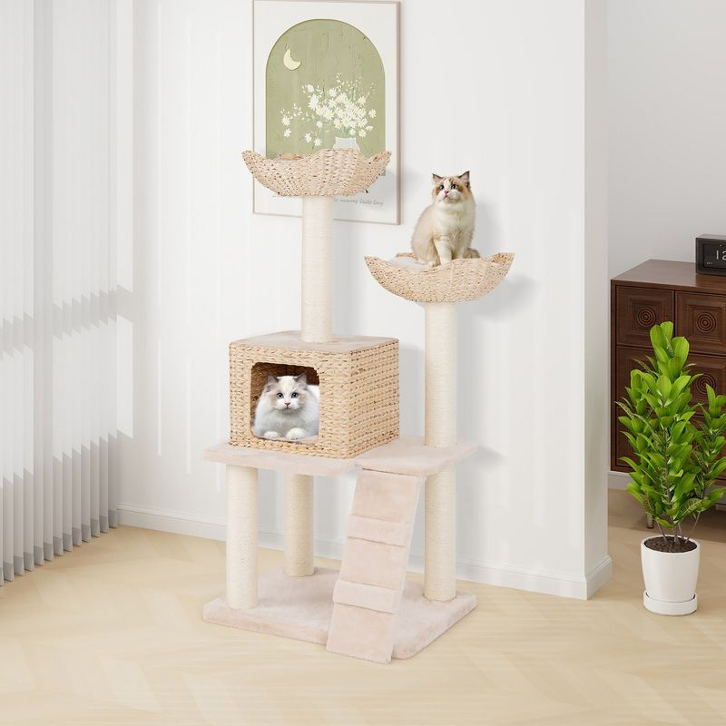 Tangkula 48" Cattail Cat Tower w/ Sisal Scratching Posts Perch Condo Basket Bed Ladder