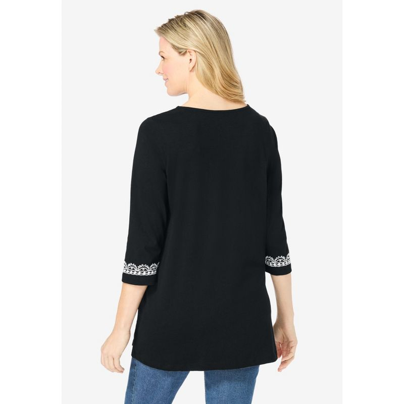 Woman Within Women's Plus Size Embroidered Knit Tunic - 18/20, Black