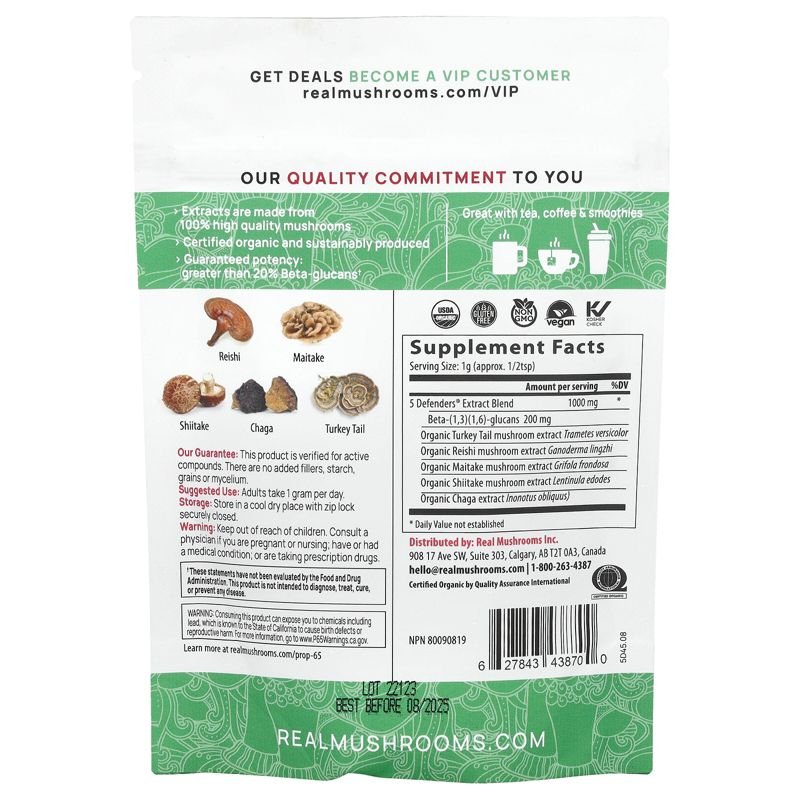 Real Mushrooms 5 Defenders, Organic Mushroom Extract Powder, 1.59 oz (45 g)