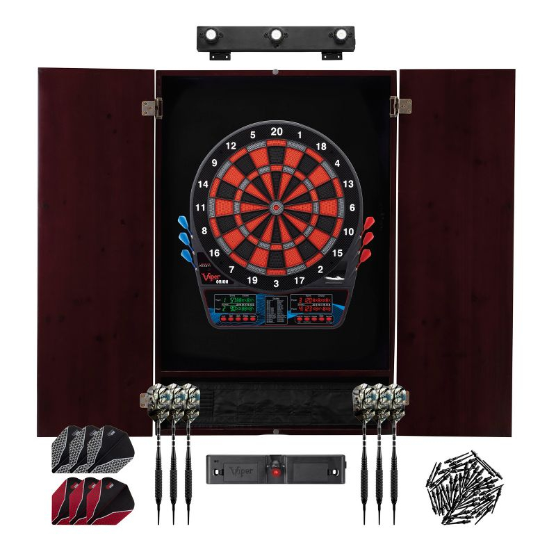 Viper Orion Electronic Dartboard, Metropolitan Mahogany Cabinet, Throw Line Light, Dartboard Lights, Black Magic Soft Tip Darts, And Spare Tips And Flights