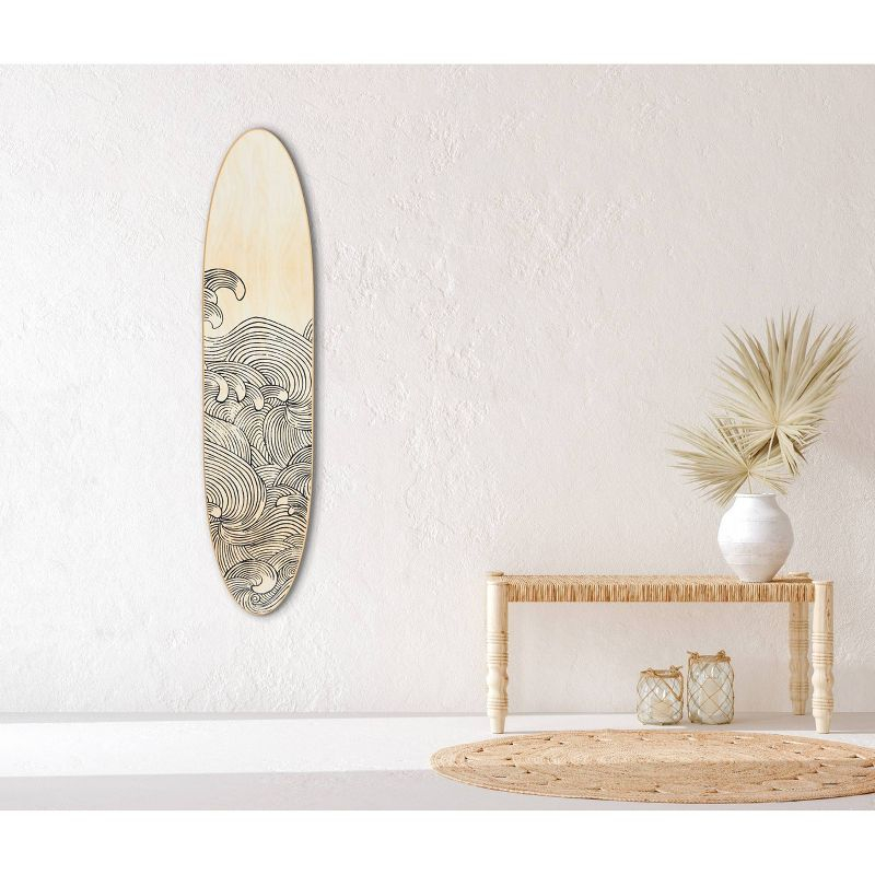 Storied Home Lacquered Wood Surfboard Wall Decor with Waves Hangs Vertical or Horizontal: Matte Finish, Abstract Pattern