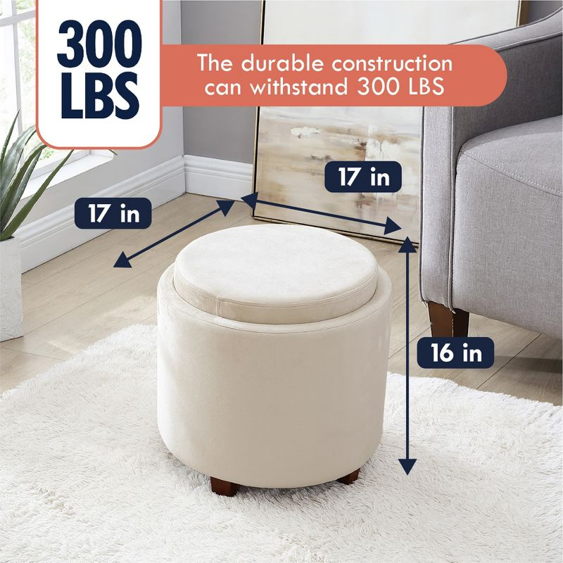 Ornavo Home Lawrence Round Storage Ottoman with Table Top Lid - Velvet Cream
