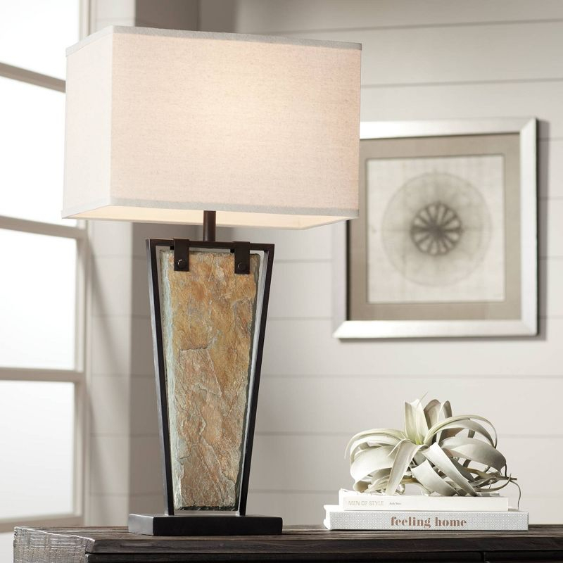 Franklin Iron Works Zion Rustic Table Lamp 30" Tall Tapered Natural Slate Bronze Metal Rectangular Shade for Bedroom Living Room Bedside Nightstand