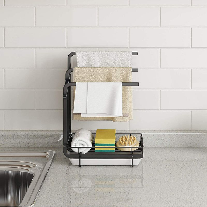 DOMETOUR Kitchen Sink Sponge Holder with Drainage Tray Kitchen Sink Storage Container Sponge Brush Soap Tray Metal Holder Black