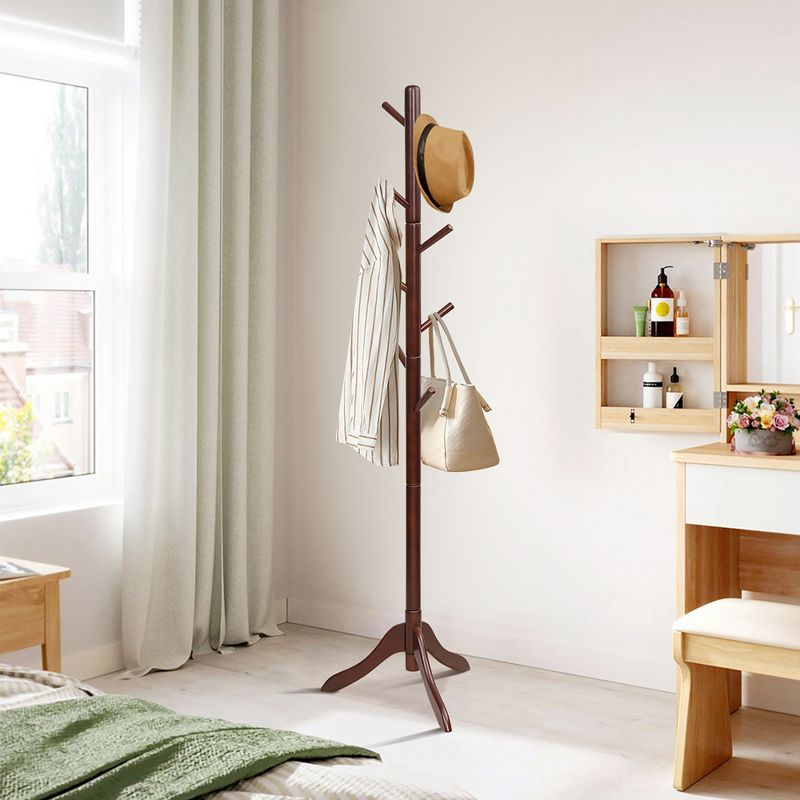 Costway Wooden Coat Rack Stand Entryway Hall Tree 2 Adjustable Height w/ 8 Hooks Brown