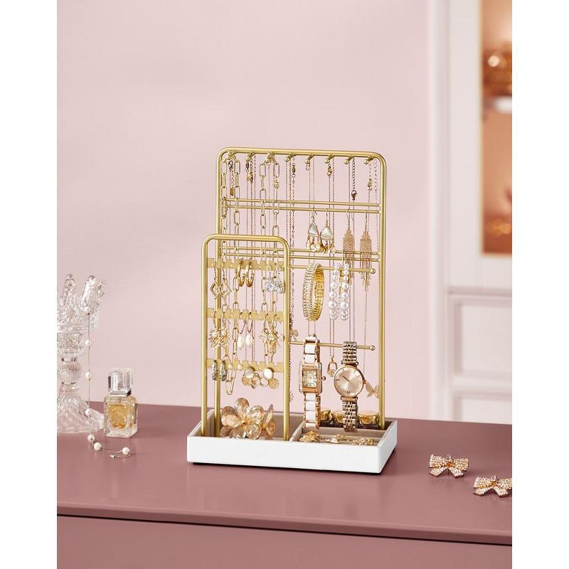 Jewelry Holder, Jewelry Organizer, Jewelry Display Stand with Metal Frame and Velvet Tray, Necklace Earring Bracelet Holder,Rings, Gold