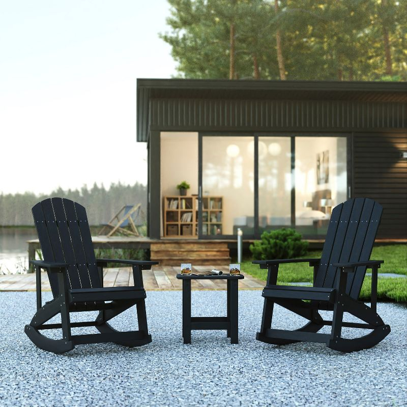 Flash Furniture Set of 2 Savannah Commercial Grade All-Weather Poly Resin Wood Adirondack Rocking Chairs with Side Table in Black