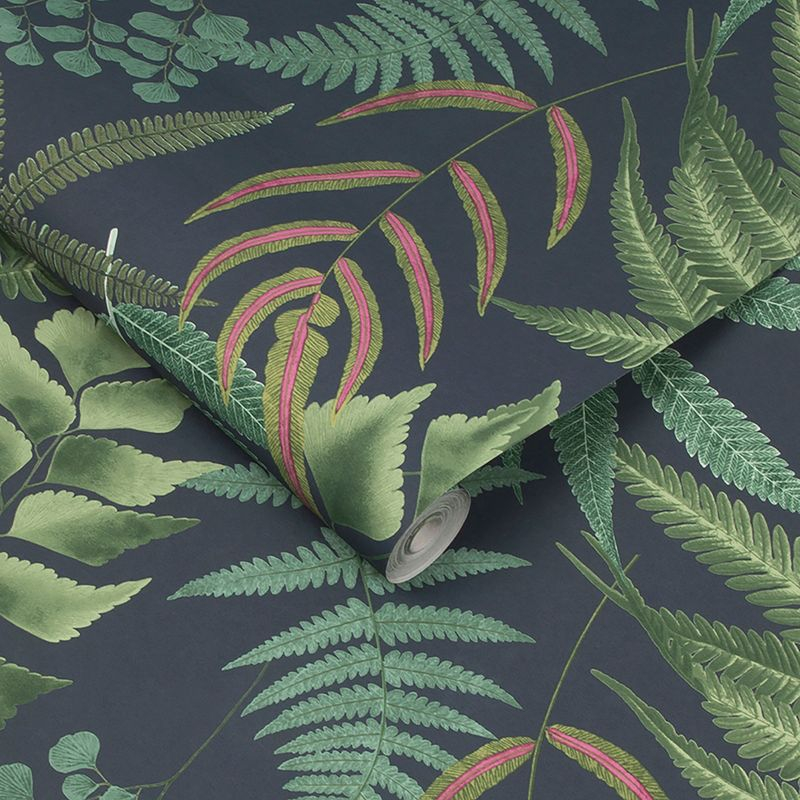Midsummer Fern Navy Blue and Green Tropical Leaves Paste the Wall Wallpaper