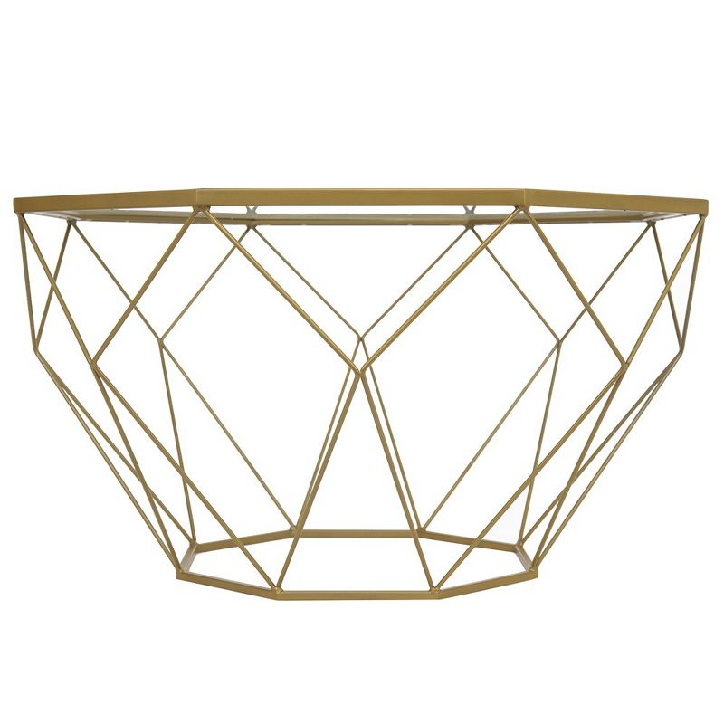 LeisureMod Malibu Modern 29" Wide Octagon Glass Top Coffee Table With Iron Base in Gold