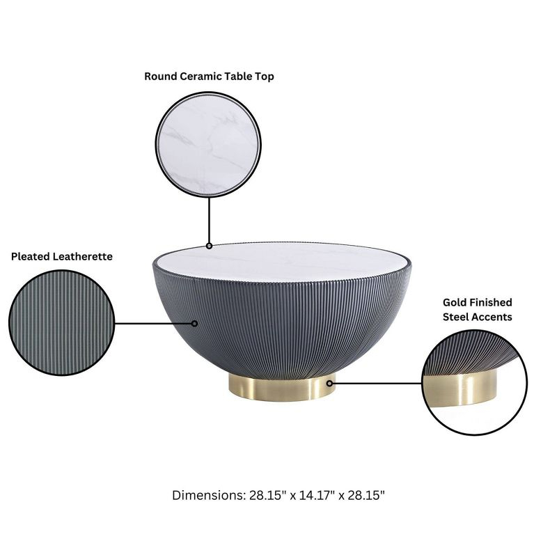 Manhattan Comfort 3pc Anderson Leatherette Upholstered Coffee Table and End Table Set: Gold Metal Finish, Round Shape