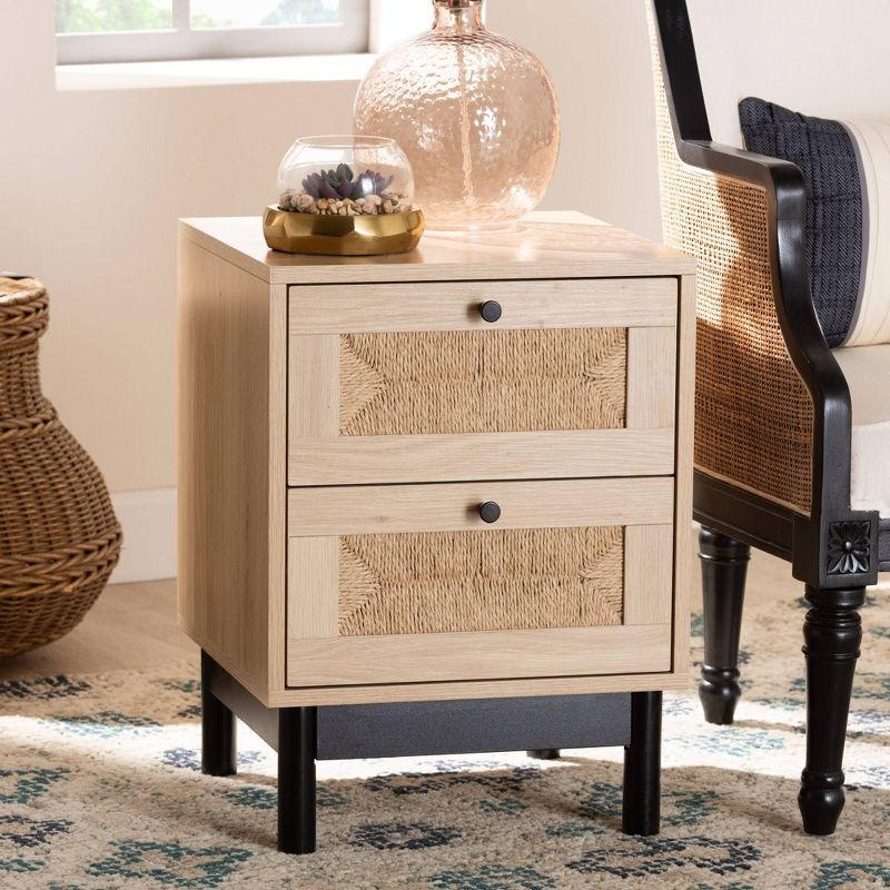 Baxton Studio Cherelle 2 Drawer End Table Light Brown/Black:Nightstand, Particle Board Construction