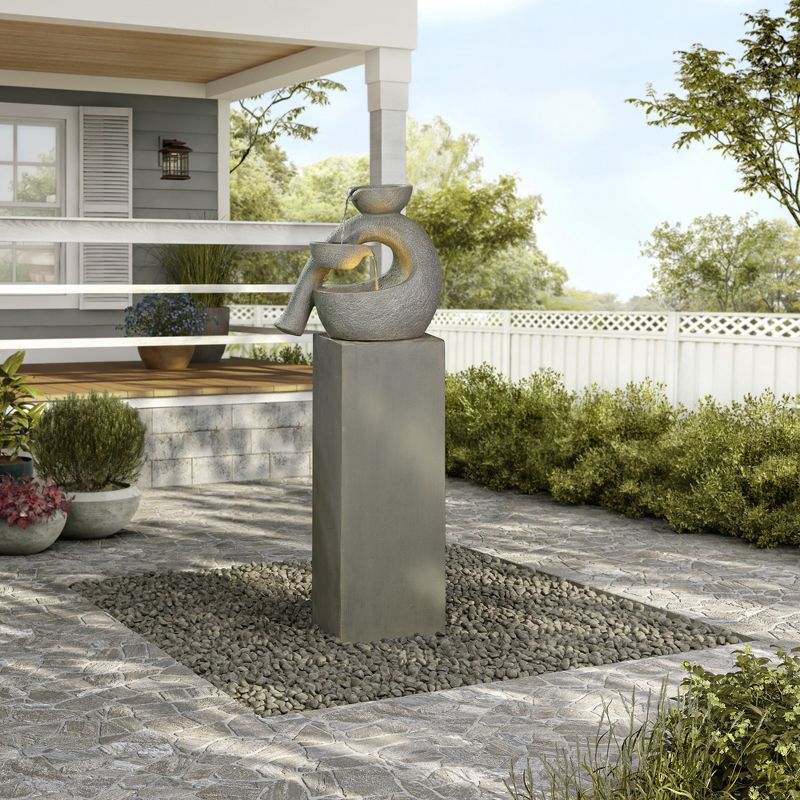 LuxenHome Gray Resin Modern Sculpture Pedestal Outdoor Fountain with Lights