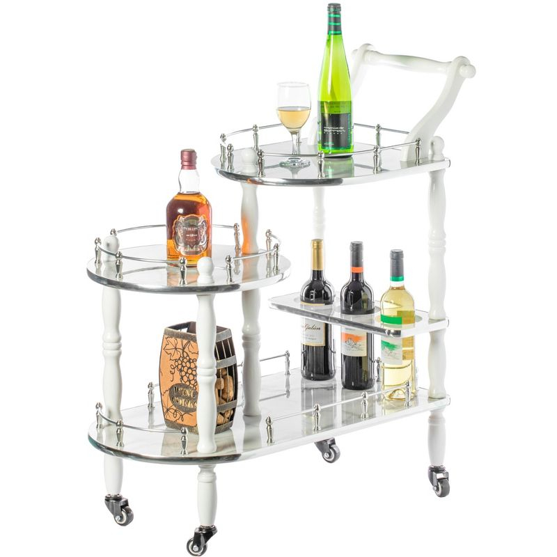 Fabulaxe Wood Serving Bar Cart Tea Trolley with 3 Tier Shelves and Rolling Wheels, Silver, White and Gray