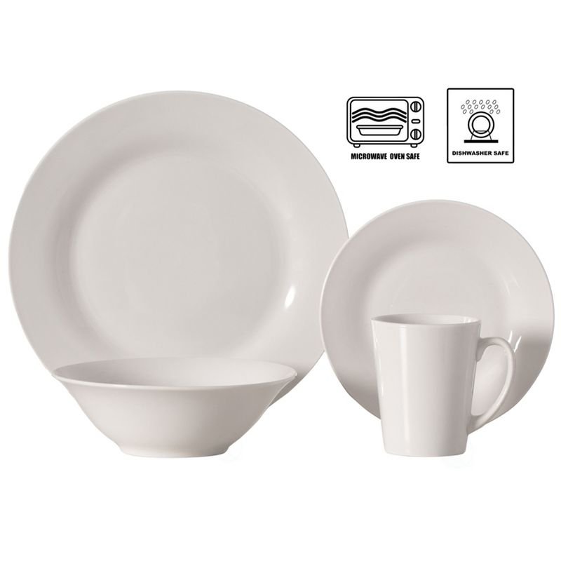 Dinewares 16 PC Spin Wash Dinnerware Dish Set for 4 Person | Mugs, Salad and Dinner Plates and Bowls Sets, Dishwasher and Microwave Safe, White