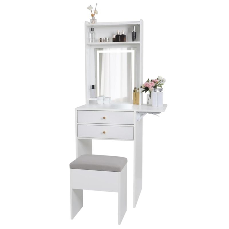 White Small Vanity Desk Set with Mirror and Lights Makeup Table with Drawer, Storage Chair, and Fold-up Panel for Small Space Bedroom