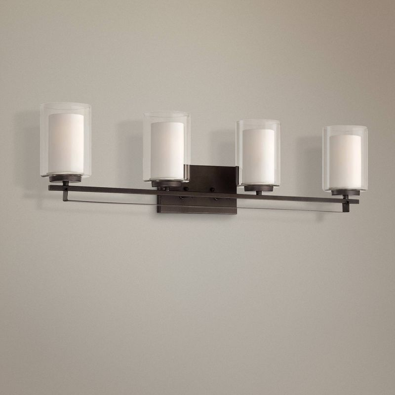 Minka Lavery Industrial Wall Light Smoked Iron Hardwired 32 1/2" 4-Light Fixture White Inner Clear Outer Glass Shade for Bathroom