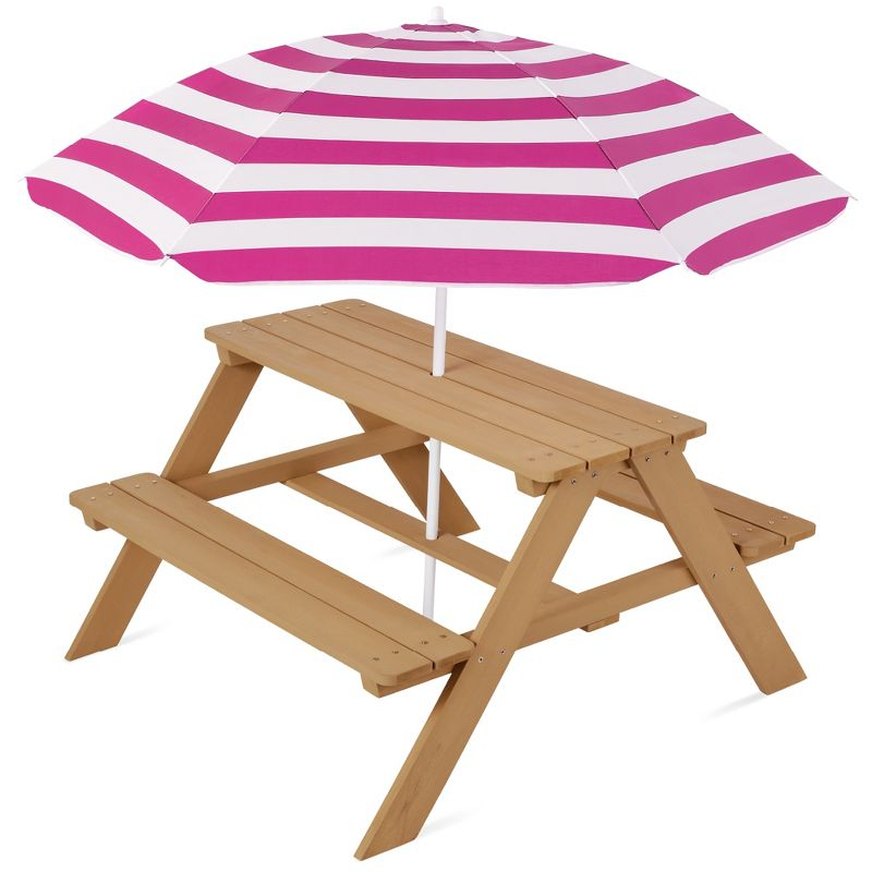 Best Choice Products Kids Wooden Picnic Table, Outdoor Activity Table w/ Adjustable Umbrella, Seats - Natural/Dark Pink