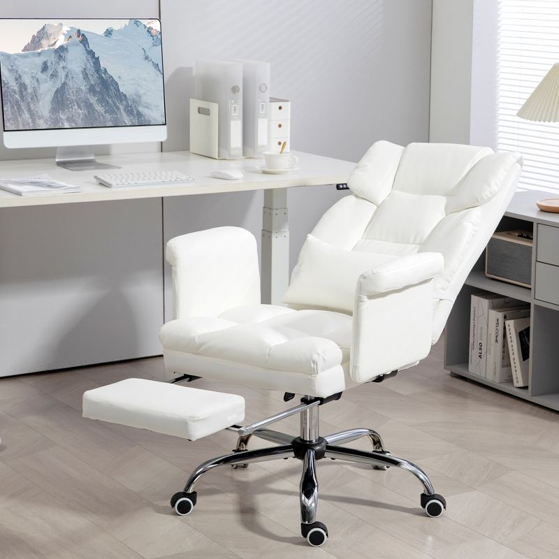 HOMCOM Executive Office Chair with Footrest and Lumbar Support, PU Leather Office Desk Chair, Ergonomic, Reclining and Swivel Chair, White