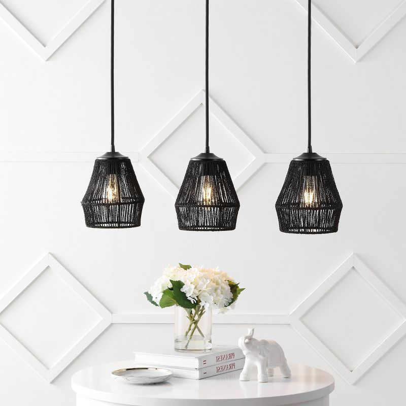 30" 3-Light Ibiza Island Woven Rope/Metal Bohemian Coastal Linear Pendant (Includes LED Light Bulb) Black - JONATHAN Y