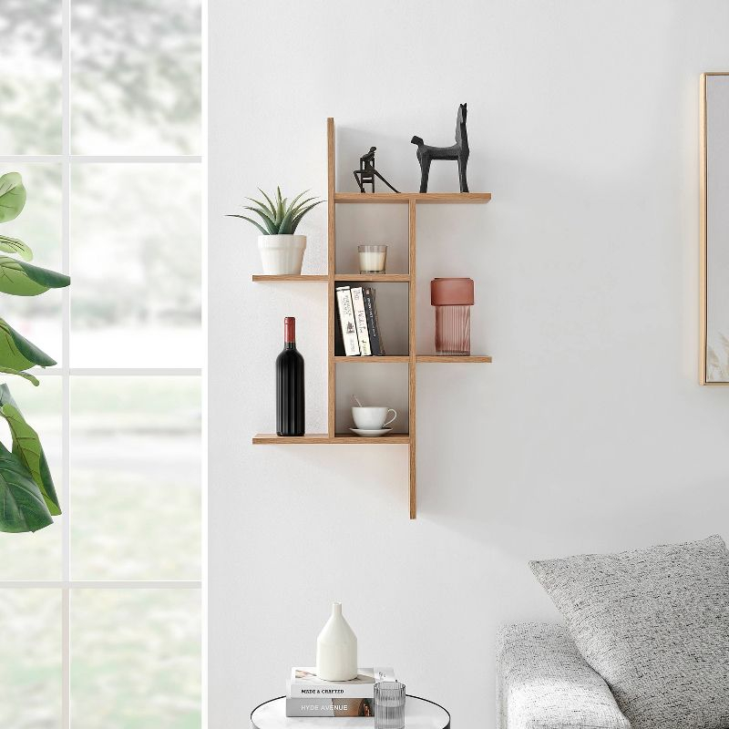 Danya B. 40" x 24" Cantilever Cubby Wall Shelf Chestnut: Mid-Century Modern Style, Laminated MDF, Iron Hardware