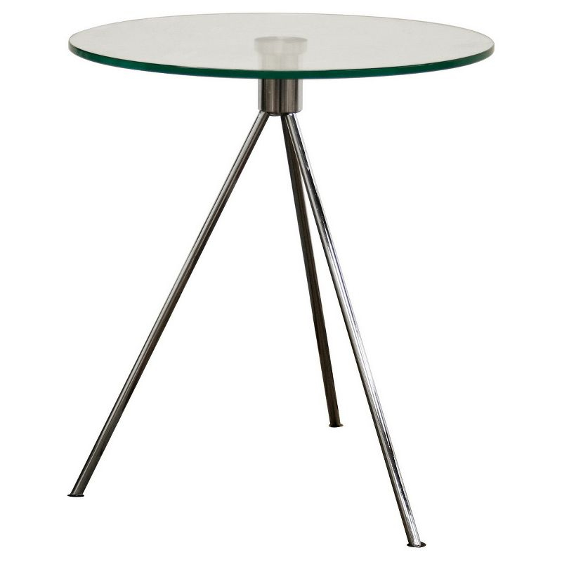 Triplet Round Glass Top End Table with Tripod Base - Baxton Studio: Brushed Steel, Modern Bedside Accent Table