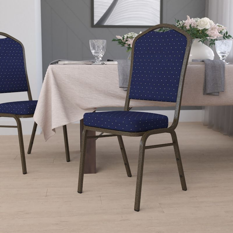 Flash Furniture HERCULES Series Crown Back Stacking Banquet Chair in Navy Blue Dot Patterned Fabric - Gold Vein Frame