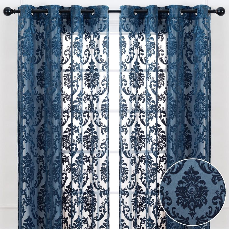 Chanasya 2pk Devore Damask Sheer Grommet Window Curtain Panels - Set of 2 - 52 x 108 Inches Long - Blue