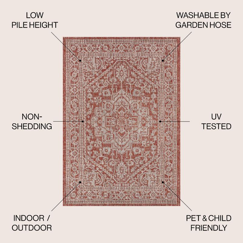 5' Square Sinjuri Medallion Textured Weave Indoor/Outdoor Area Rug, Red/Taupe - JONATHAN Y