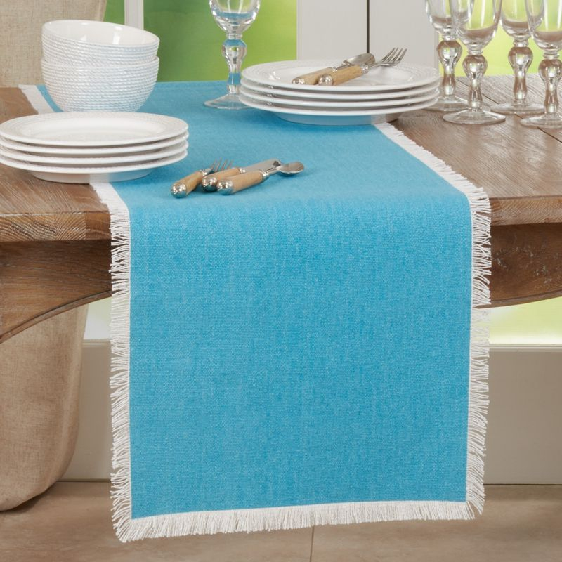 Saro Lifestyle Dining Table Runner With Fringe Borders, Aqua, 16" x 72"