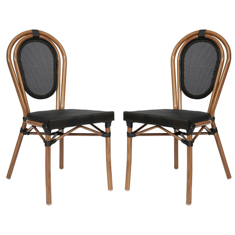 Emma & Oliver Massalia Set of Two Indoor/Outdoor Stacking Thonet Bistro Style Chairs with Black Textilene Seat and Natural Bamboo Finished Metal Frame