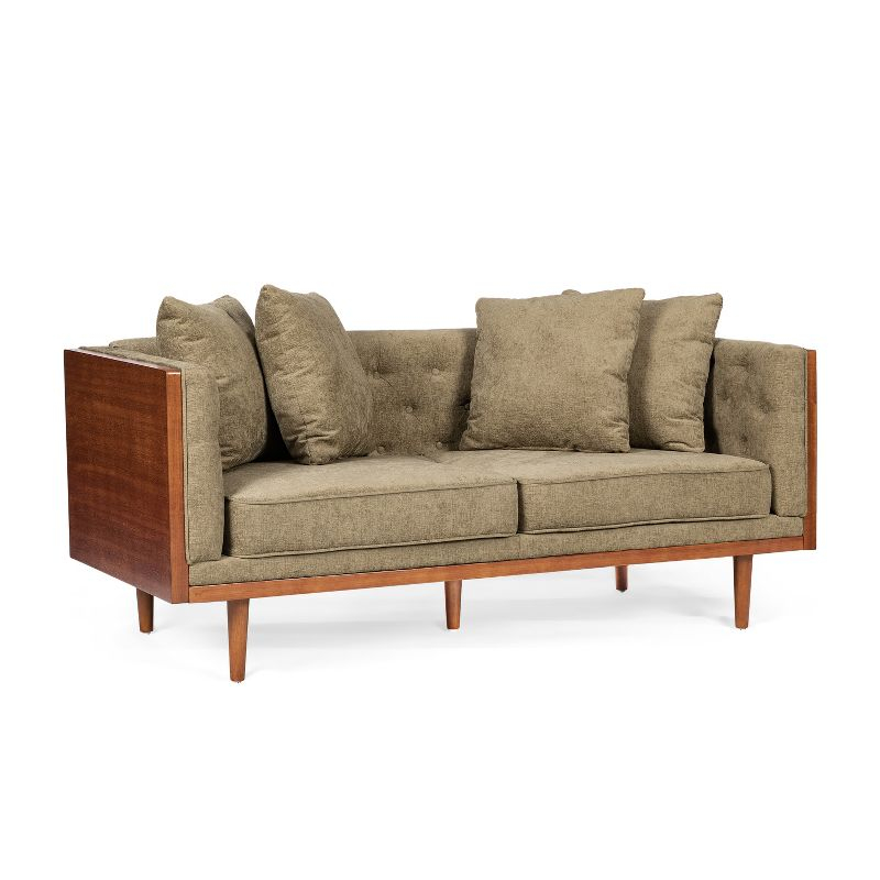 Christopher Knight Home Borah Tufted Loveseat with Accent Pillows, Dark Beige/Dark Walnut