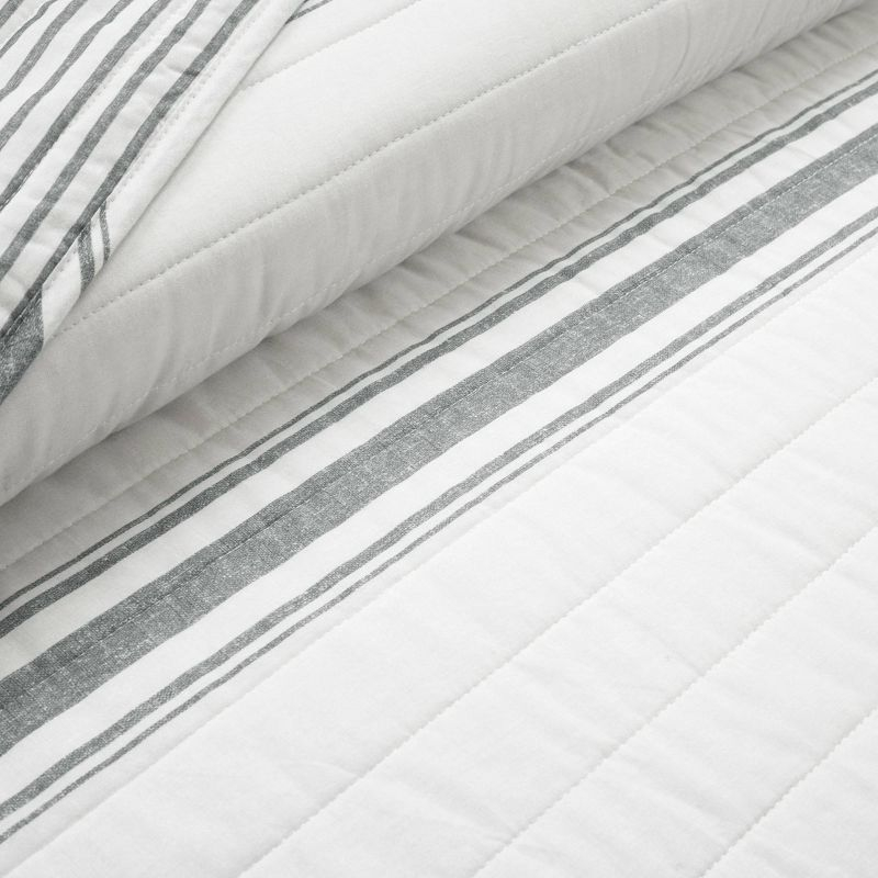 3pc Full/Queen Farmhouse Striped Reversible Quilt Bedding Set Dark Gray - Lush Décor: Cotton & Microfiber, Machine Washable