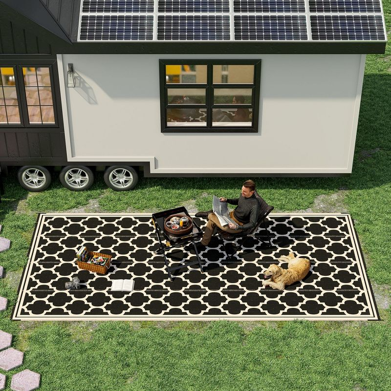 Outsunny RV Mat, Outdoor Patio Rug / Large Camping Carpet, 9' x 18', Waterproof Plastic Straw, Reversible, Black & Beige